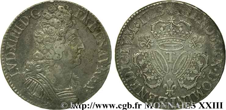 LOUIS XIV  THE SUN KING  Écu aux trois couronnes 1713 Nantes XF
