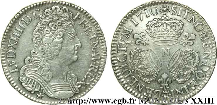 LOUIS XIV LE GRAND OU LE ROI SOLEIL Demi-écu aux trois couronnes 1710 Montpellier TTB+