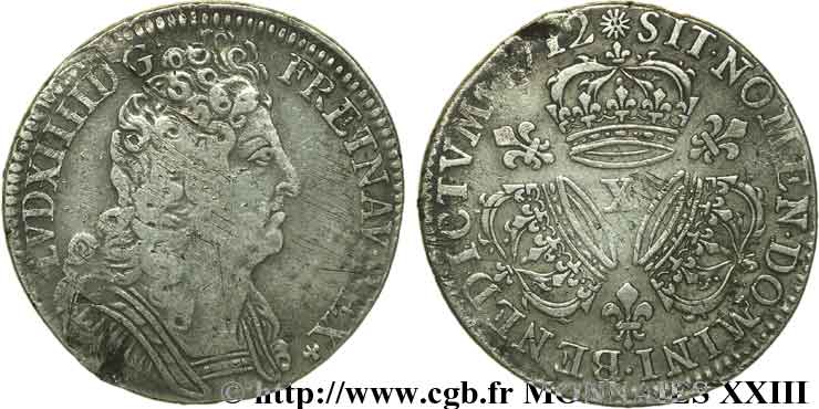 LOUIS XIV  THE SUN KING  Quart d écu aux trois couronnes 1712 Amiens VF/XF