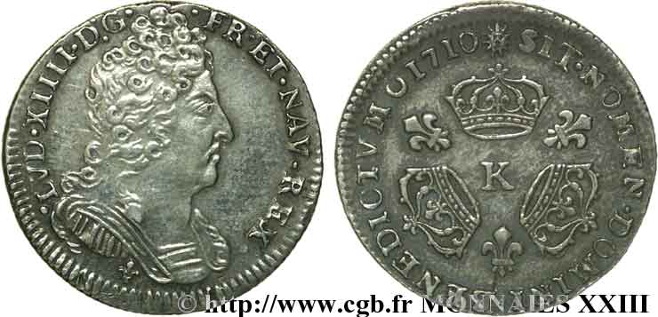 LOUIS XIV LE GRAND OU LE ROI SOLEIL Dixième d écu aux trois couronnes 1710 Bordeaux TTB+/SUP