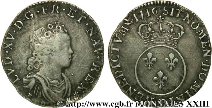 LOUIS XV THE BELOVED Dixième d écu dit  vertugadin  1716 Dijon VF/XF