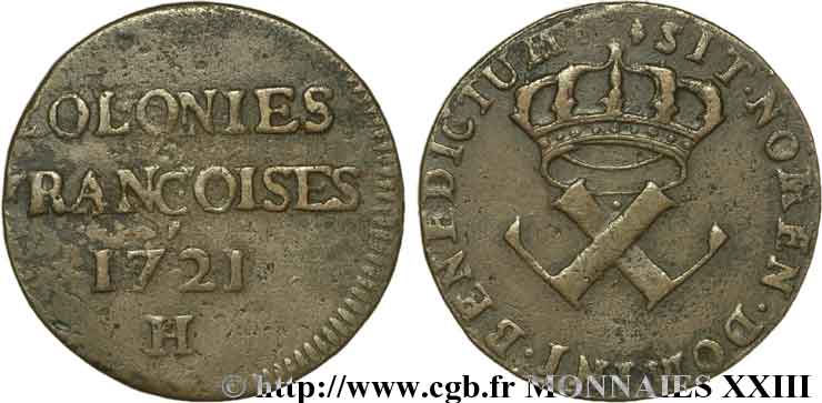 LOUIS XV THE BELOVED Neuf deniers, colonies françoises 1721 La Rochelle XF