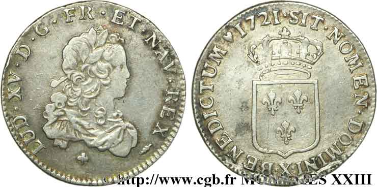 LOUIS XV  THE WELL-BELOVED  Tiers d écu dit  de France  1721 Amiens MBC/MBC+