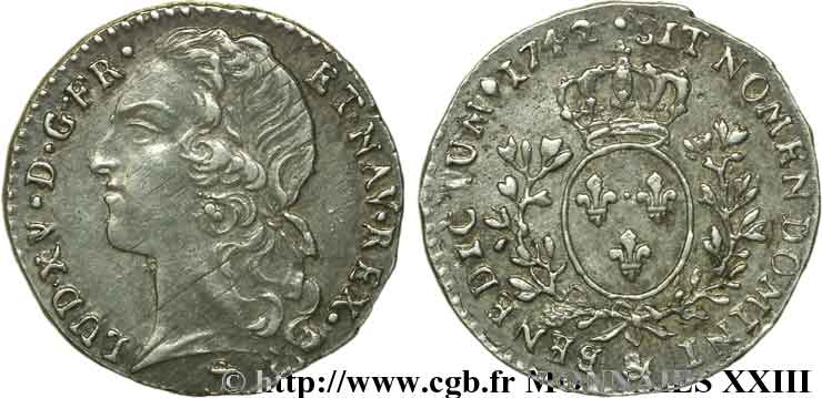 LOUIS XV DIT LE BIEN AIMÉ Dixième d&nbsp;écu aux branches d’olivier, tête ceinte d’un bandeau 1742 Aix-en-Provence TTB+