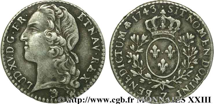 LOUIS XV  THE WELL-BELOVED  Dixième d écu aux branches d’olivier, tête ceinte d’un bandeau 1743 Grenoble fVZ