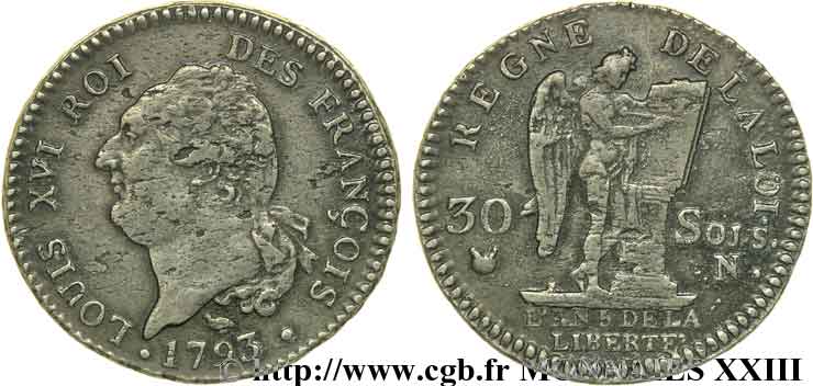 LOUIS XVI 30 sols dit  au génie , type FRANÇOIS 1793 Montpellier SS