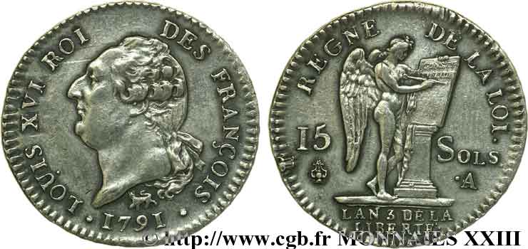 LOUIS XVI (MONARQUE CONSTITUTIONNEL)  15 sols dit  au génie , type FRANÇOIS 1791 Paris TTB+