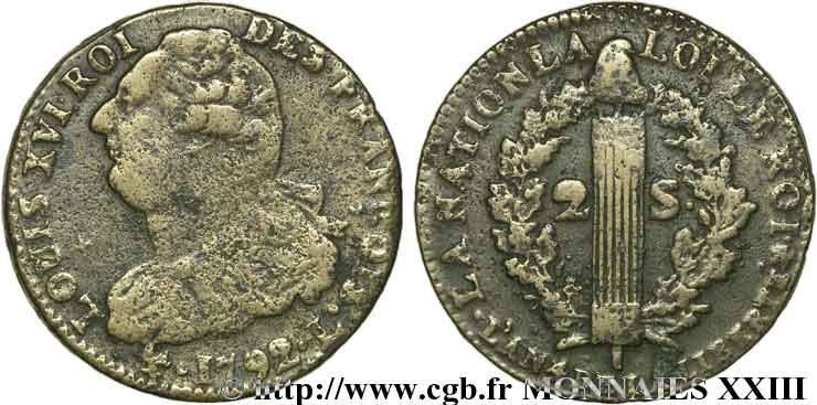 LOUIS XVI 2 sols dit  au faisceau , type FRANÇOIS 1792 Bayonne BC+
