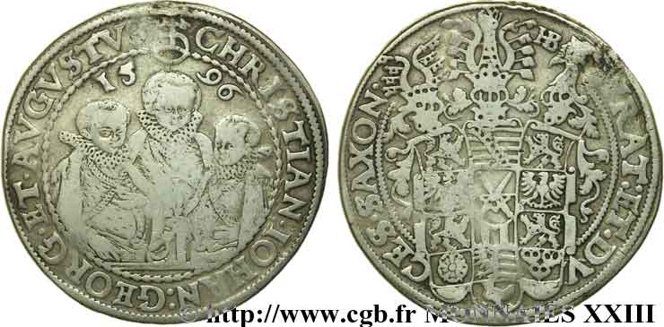 ALLEMAGNE - DUCHÉ DE SAXE - CHRISTIAN II, JEAN-GEORGES ET AUGUSTE Thaler 1596 Leipzig VF