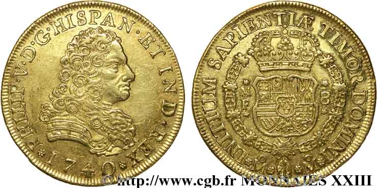 AMÉRIQUE ESPAGNOLE - PHILIPPE V DE BOURBON 8 escudos 1740 Mexico MBC+/EBC