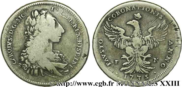 ITALIE - ROYAUME DE SICILE - CHARLES III D ESPAGNE Thaler ou écu d’argent 1735 Palerme B+/TB