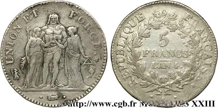 5 francs Union et Force, Union desserré, avec glands intérieurs et gland extérieur 1796 Paris F.291/1 VF 