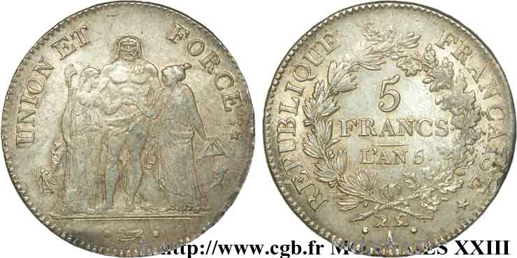 5 francs Union et Force, Union serré, avec glands intérieurs et gland extérieur 1797 Paris F.288/4 MBC 