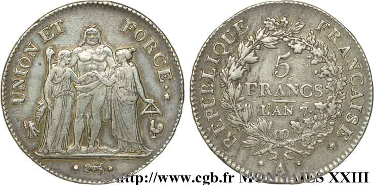 5 francs Union et Force, Union serré, avec glands intérieurs et gland extérieur 1799 Paris F.288/95 SS 