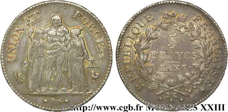 5 francs Union et Force, Union serré, avec glands intérieurs et gland extérieur 1799 Paris F.288/103 TTB 