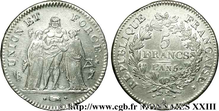 5 francs Union et Force, Union desserré, avec glands intérieurs et gland extérieur 1797 Paris F.291/9 SS 