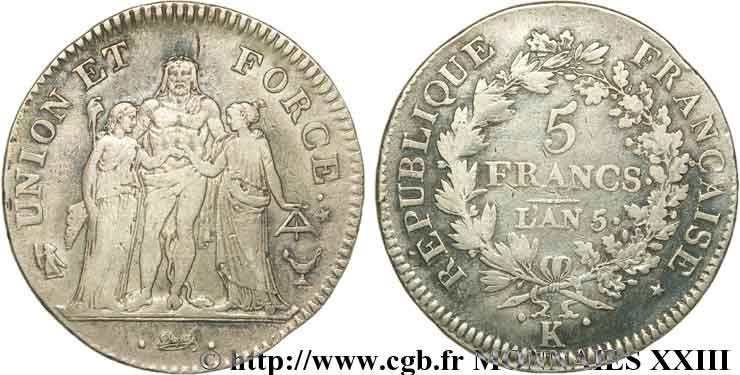 5 francs Union et Force, Union desserré, avec glands intérieurs et gland extérieur 1797 Bordeaux F.291/13 TB 