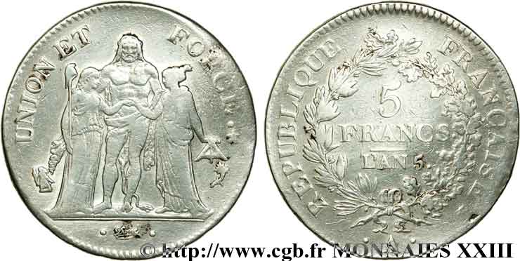 5 francs Union et Force, Union serré, seulement gland extérieur 1797 Paris F.288/5 S 