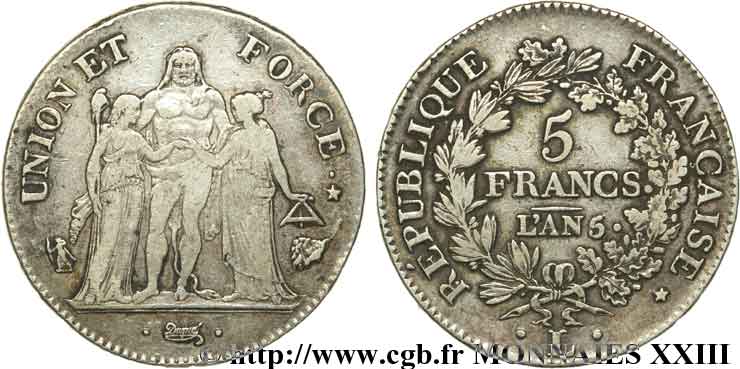 5 francs Union et Force, Union serré, seulement gland extérieur 1797 Bayonne F.288/24 BC 