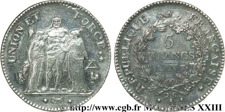 5 francs Union et Force, Union serré, seulement gland extérieur 1799 Paris F.288/98 SS 