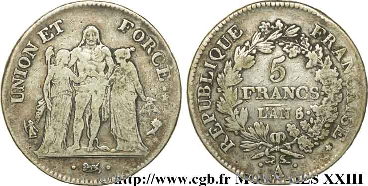 5 francs Union et Force, Union serré, seulement gland extérieur 1797 Paris F.288/5 BC 