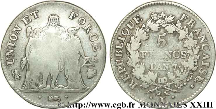 5 francs Union et Force, Union desserré, seulement gland extérieur 1799 Bayonne F.291/27 VG 