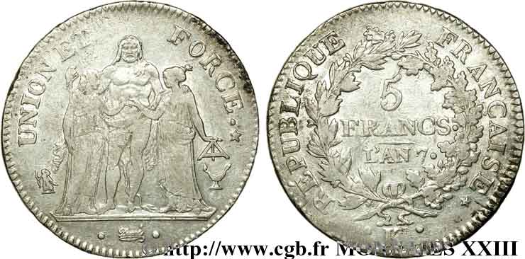 5 francs Union et Force, Union serré, seulement gland extérieur, petite feuille 1799 Bordeaux F.288/109 MBC 