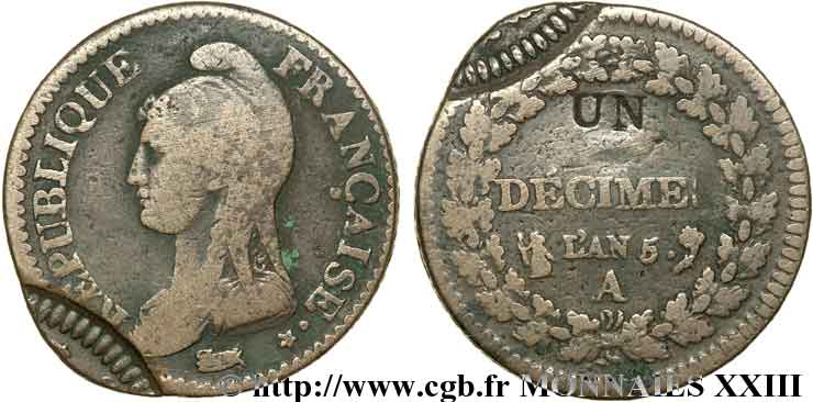 Un décime Dupré, modification du 2 décimes, frappe fautée 1797 Paris F.127/5 var. BC 