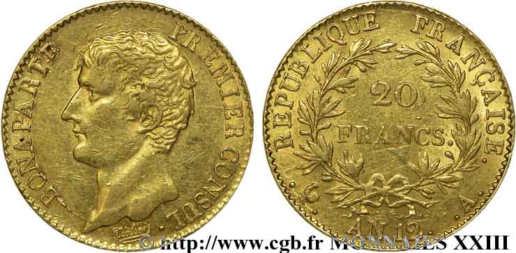 20 francs or Bonaparte Premier consul 1804 Paris F.510/2 MBC 