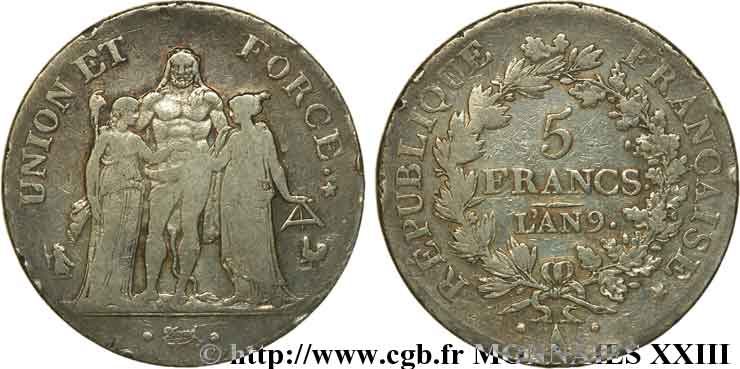 5 francs Union et Force, Union serré, avec glands intérieurs et gland extérieur 1801 Paris F.288/155 VF 