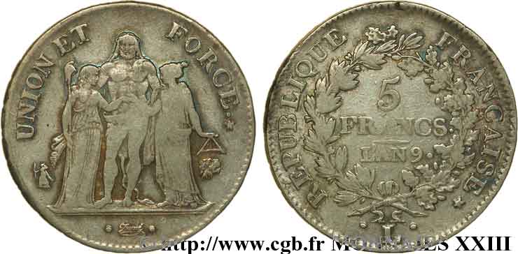 5 francs Union et Force, Union serré, avec glands intérieurs et gland extérieur 1801 Bayonne F.288/161 TB 