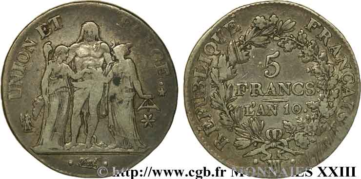 5 francs Union et Force, Union serré, avec glands intérieurs et gland extérieur 1802 Marseille F.288/182 BC 