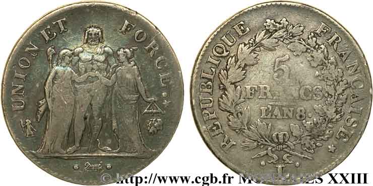 5 francs Union et Force, Union desserré, avec glands intérieurs et gland extérieur 1800 Bayonne F.291/38 TB 