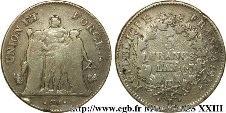 5 francs Union et Force, Union serré, seulement glands intérieurs 1803 Bayonne F.288/194 TB 