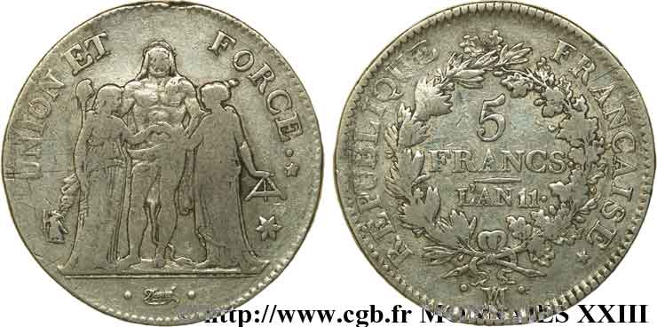 5 francs Union et Force, Union serré, seulement glands intérieurs 1803 Marseille F.288/196 VF 