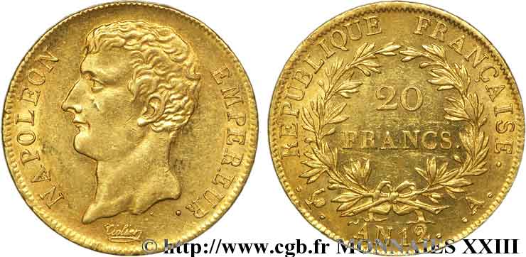 20 francs or, Napoléon empereur, buste intermédiaire 1804 Paris F.511/1 EBC 
