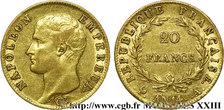 20 francs Napoléon tête nue, calendrier révolutionnaire 1805 Paris F.512/5 MBC 