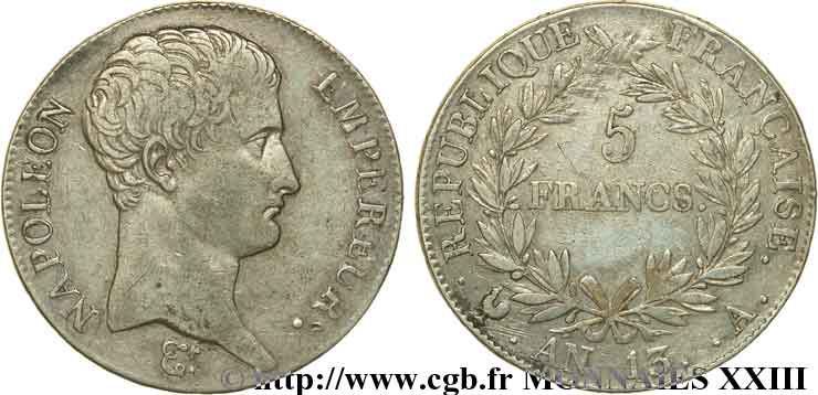 5 francs Napoléon empereur, calendrier révolutionnaire 1805 Paris F.303/2 XF 