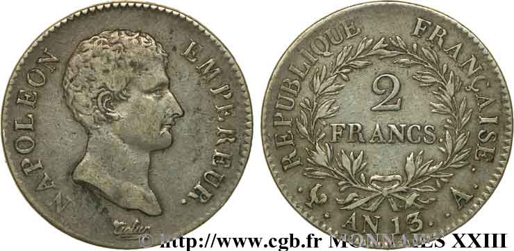 2 francs Napoléon empereur, calendrier révolutionnaire 1805 Paris F.251/11 MBC 