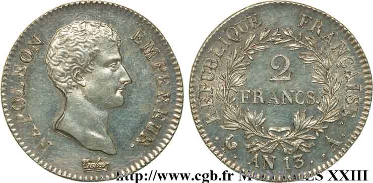 2 francs Napoléon empereur, calendrier révolutionnaire 1805 Paris F.251/12 AU 