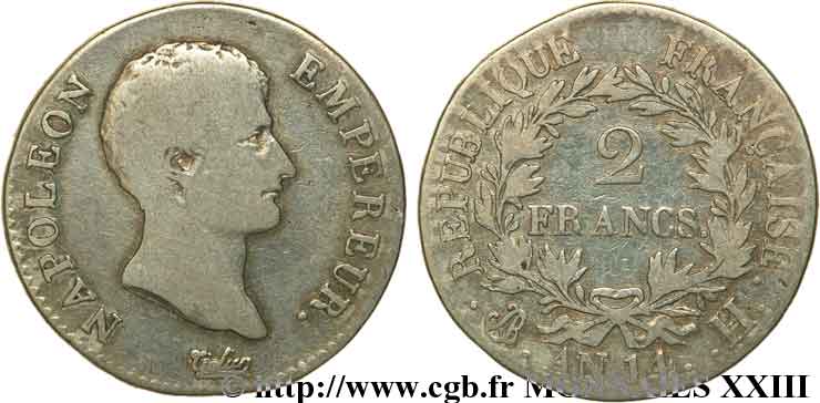 2 francs Napoléon empereur, calendrier révolutionnaire 1805 La Rochelle F.251/29 TB 