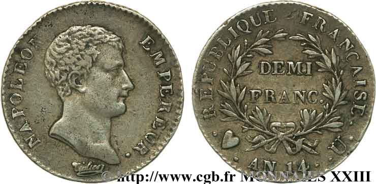 Demi-franc Napoléon empereur, calendrier révolutionnaire 1805 Turin F.174/28 BB 