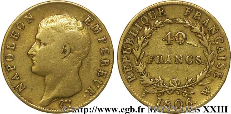 40 francs or Napoléon tête nue, calendrier grégorien 1806 Lille F.538/5 MB 