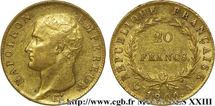 20 francs Napoléon tête nue, calendrier grégorien 1806 Paris F.513/1 SS 