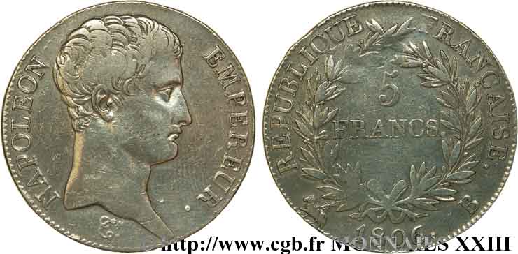 5 francs Napoléon empereur, calendrier grégorien 1806 Rouen F.304/2 VF 