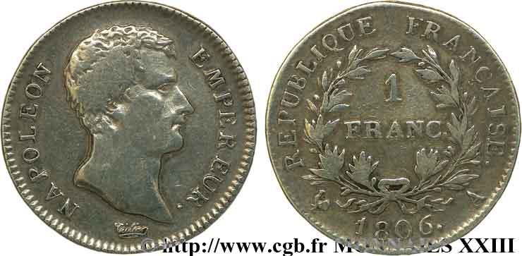 1 franc Napoléon empereur, calendrier grégorien 1806 Paris F.202/1 S 
