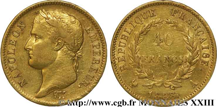 40 francs Napoléon Ier tête laurée, République française 1808 Paris F.540/2 MBC 