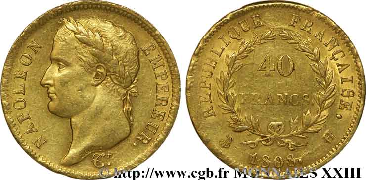 40 francs or Napoléon tête laurée, République française 1808 La Rochelle F.540/3 BB 