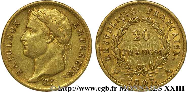 20 francs Napoléon tête laurée, République française 1807 Paris F.515/1 SS 