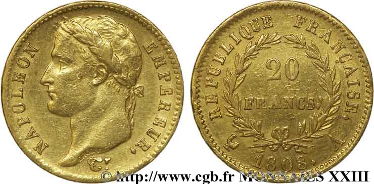 20 francs Napoléon tête laurée, République française 1808 Paris F.515/2 XF 